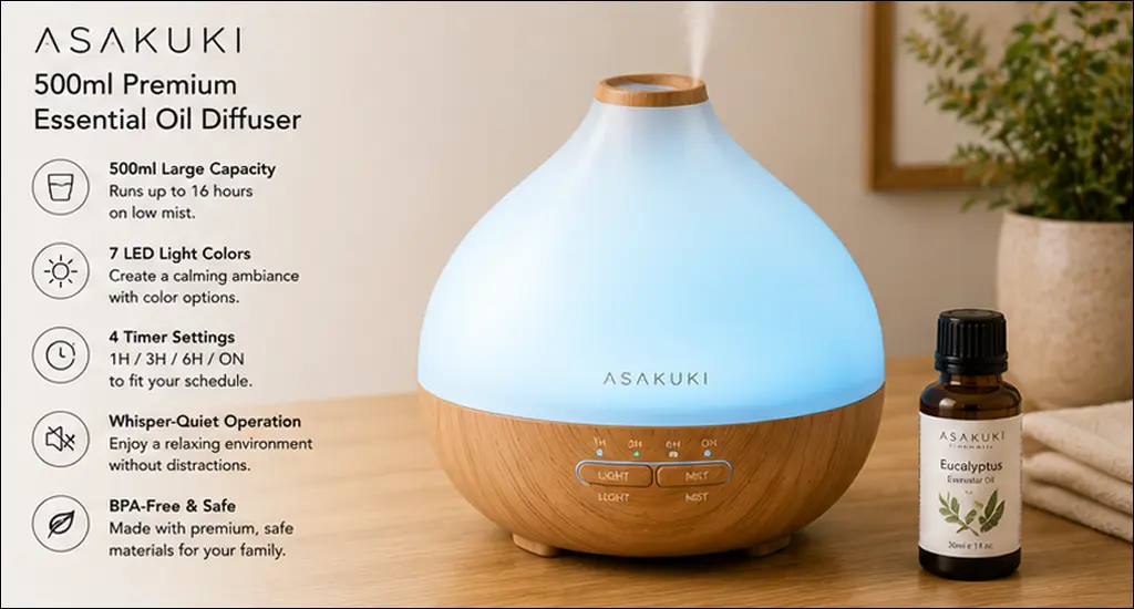 ASAKUKI 500ml Premium Essential Oil Diffuser